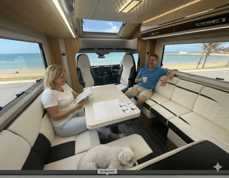 A couple relaxing inside a Why Knott Hire campervan parked beside a Welsh beach