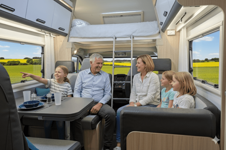A family relaxing around the dining table inside a luxury Why Knott Hire motorhome with countryside views