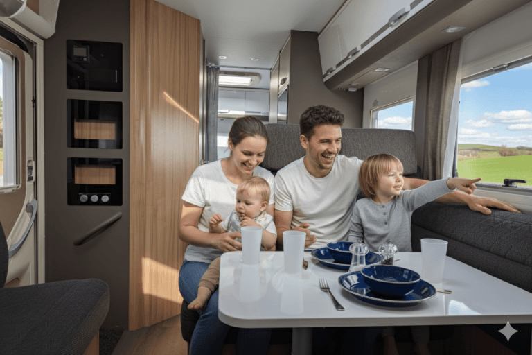 A young family enjoying the spacious interior of a luxury Why Knott Hire motorhome