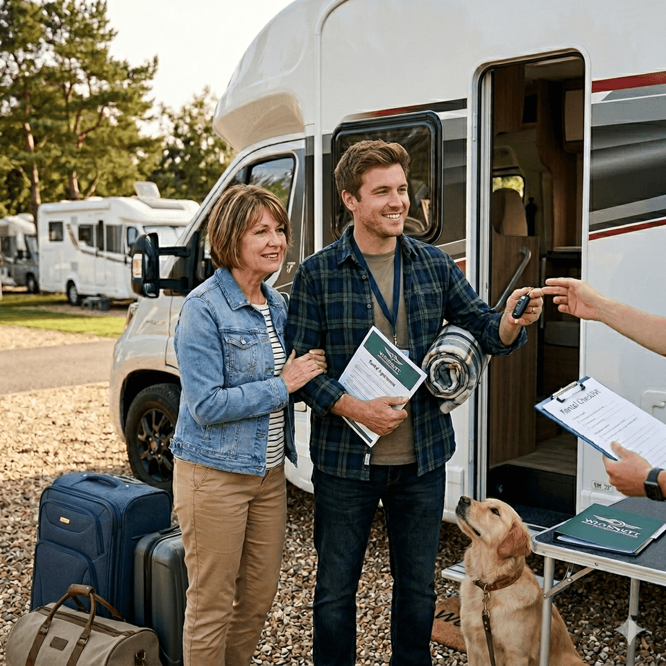 Customers collecting their hire motorhome and going through the handover with Why Knott Hire