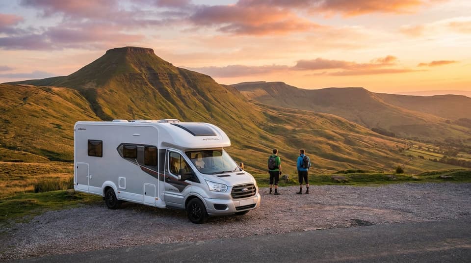 A Why Knott motorhome under Pen y Fan at sunset in the Brecon Beacons