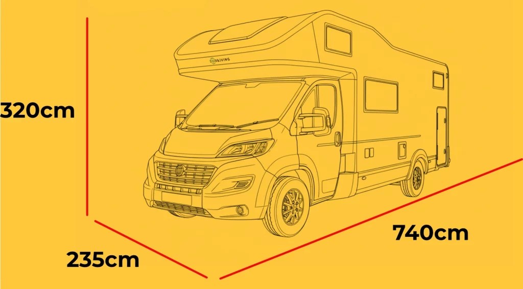 Crystal motorhome exterior dimensions diagram — 740cm long, 320cm high, 235cm wide — Why Knott Hire luxury motorhome hire