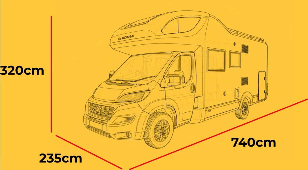 Luna motorhome exterior dimensions diagram — 740cm long, 320cm high, 235cm wide — Why Knott Hire luxury motorhome hire